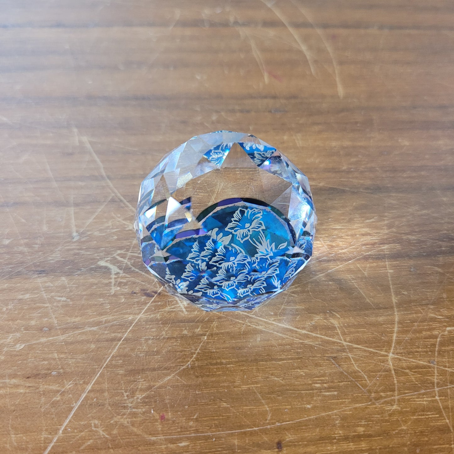 Vintage miniature Swarovski crystal Edelweiss flower round faceted glass paperweight