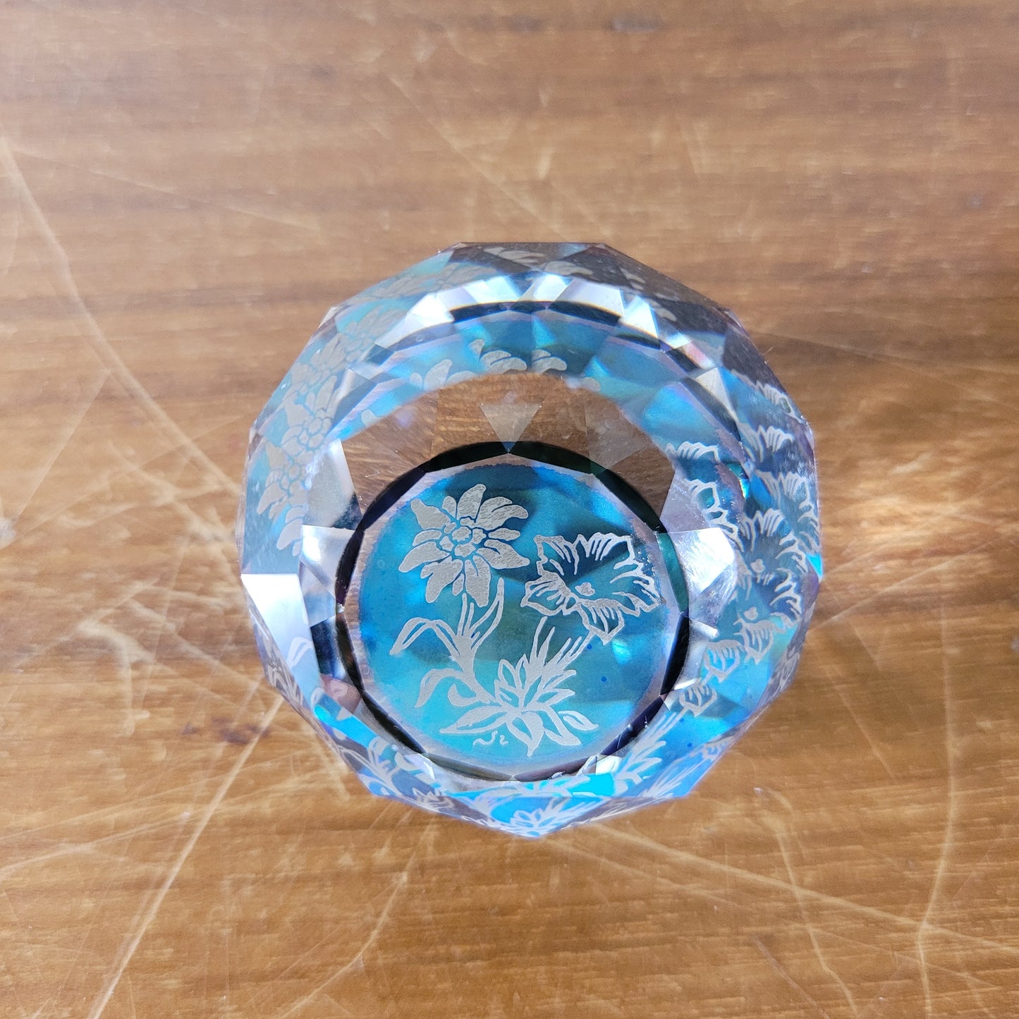 Vintage miniature Swarovski crystal Edelweiss flower round faceted glass paperweight