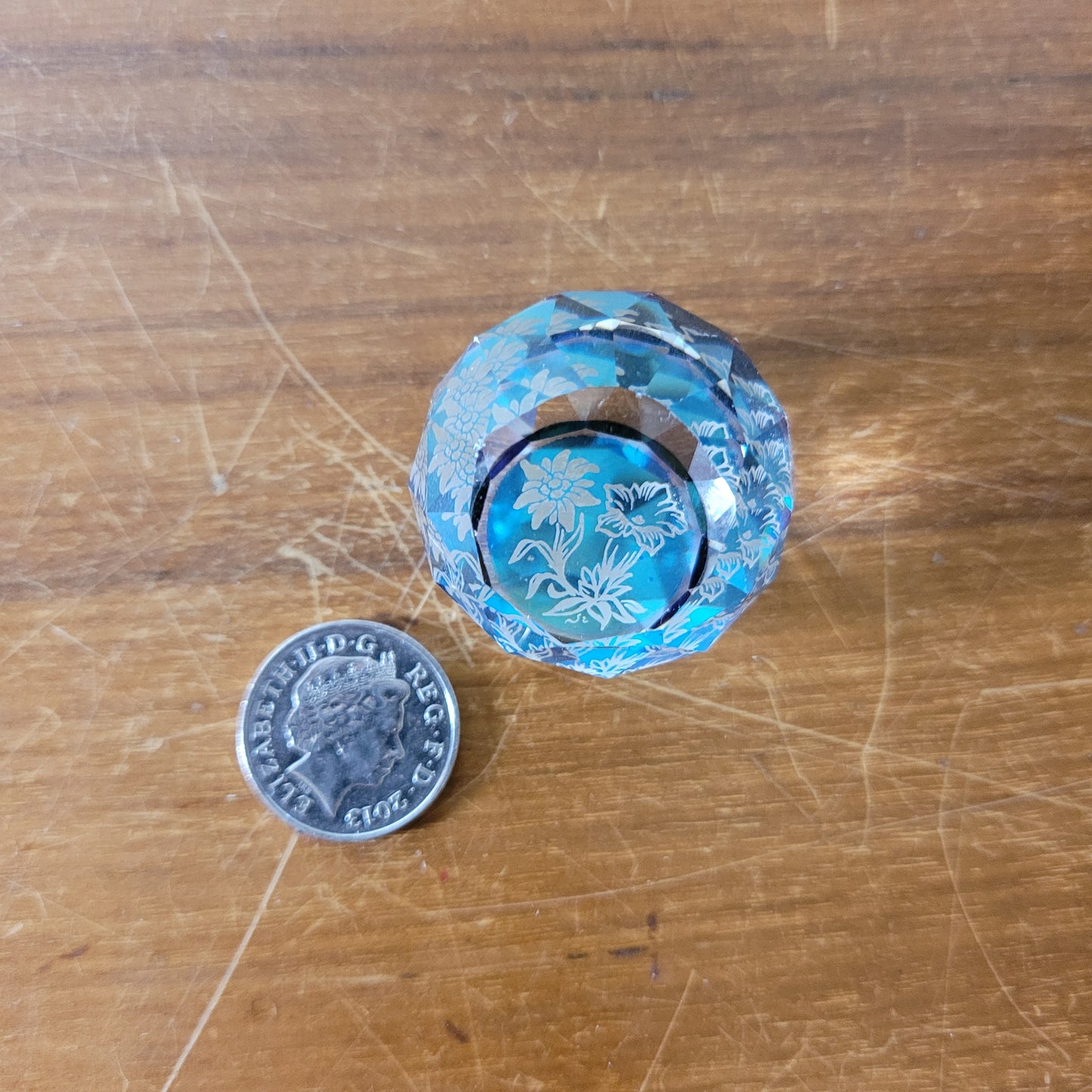 Vintage miniature Swarovski crystal Edelweiss flower round faceted glass paperweight