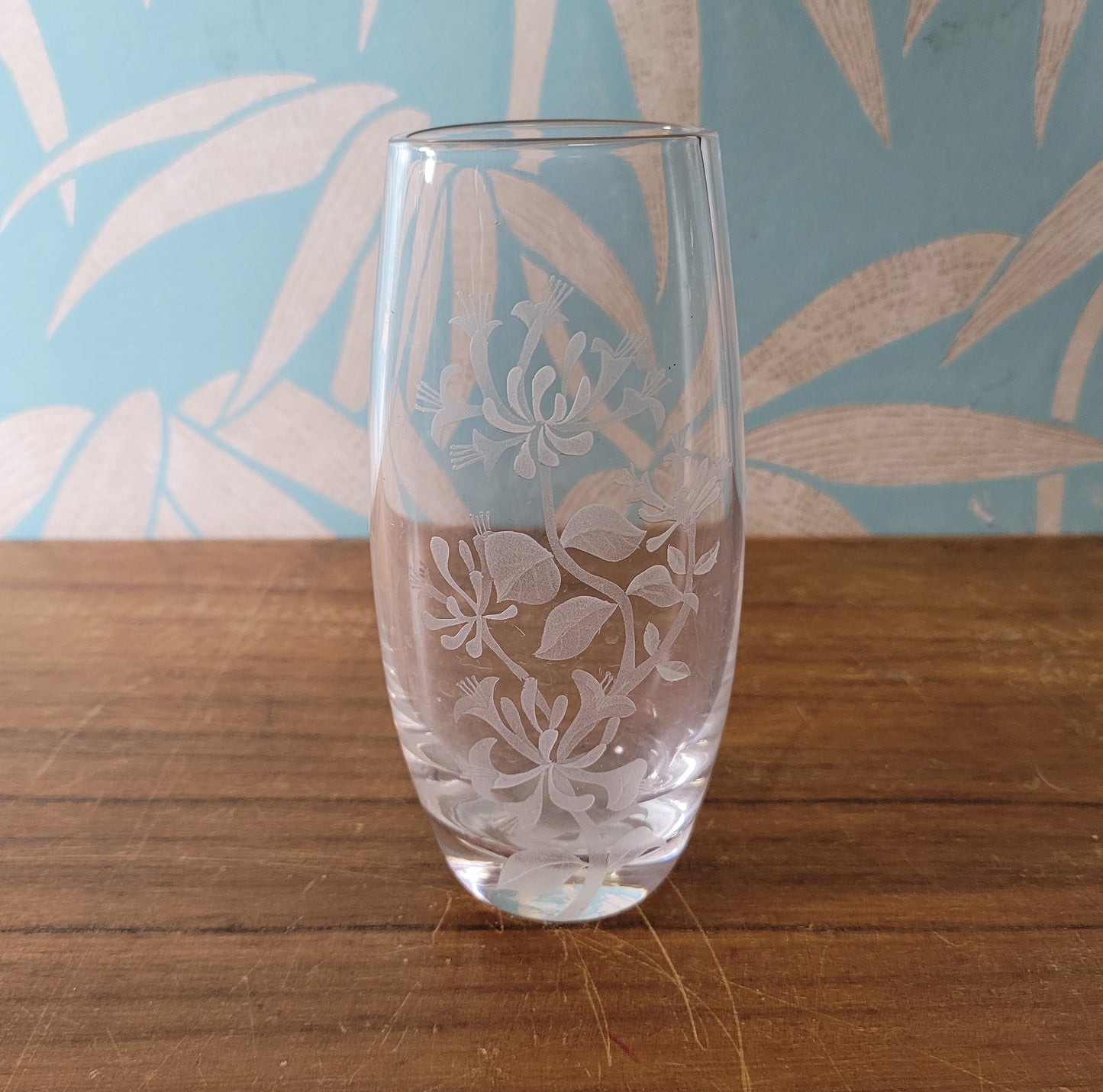 Vintage Stuart Strathearn, Scotland honeysuckle etched glass bud vase