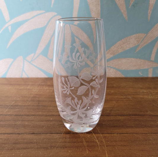 Vintage Stuart Strathearn, Scotland honeysuckle etched glass bud vase