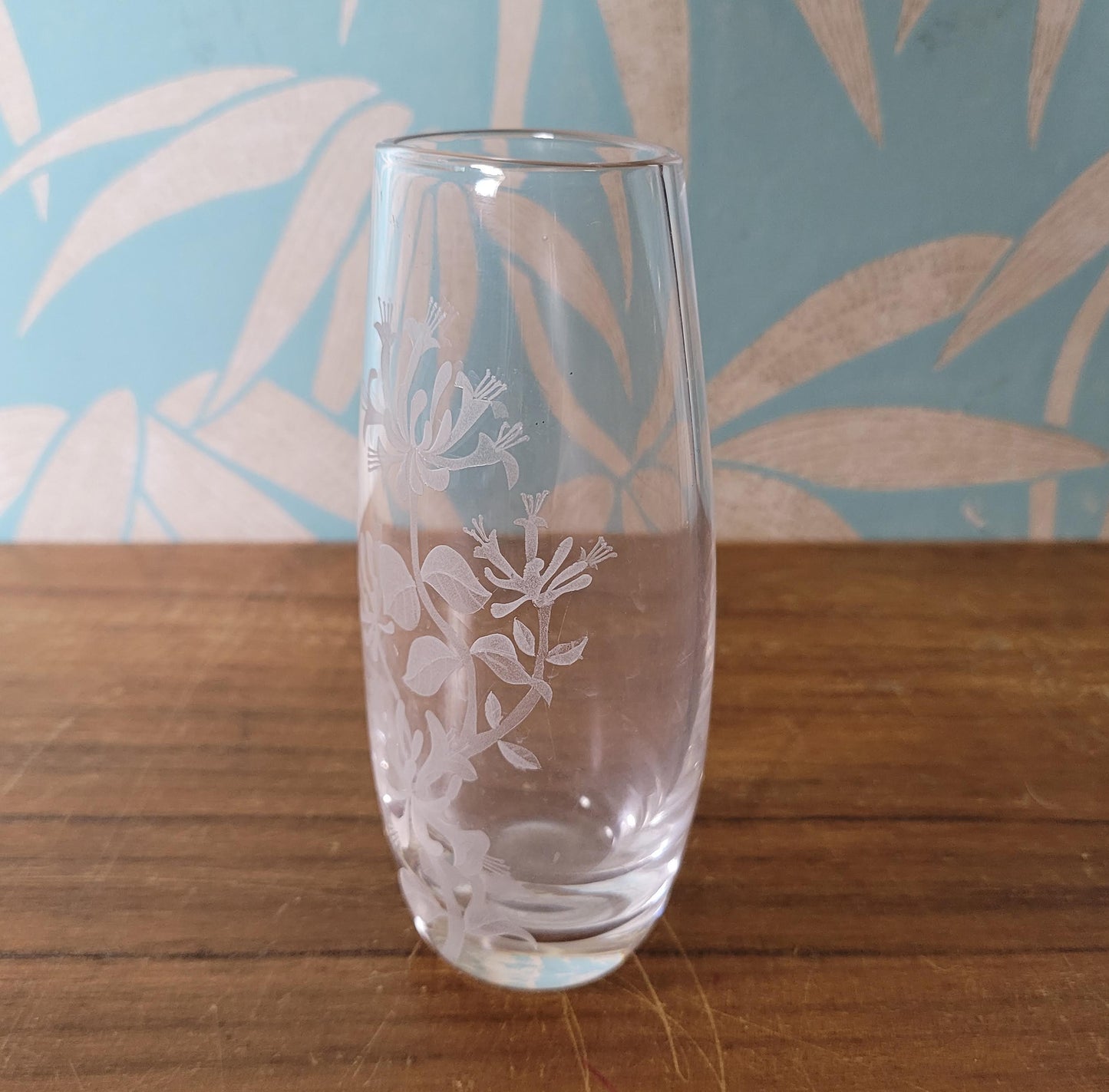 Vintage Stuart Strathearn, Scotland honeysuckle etched glass bud vase