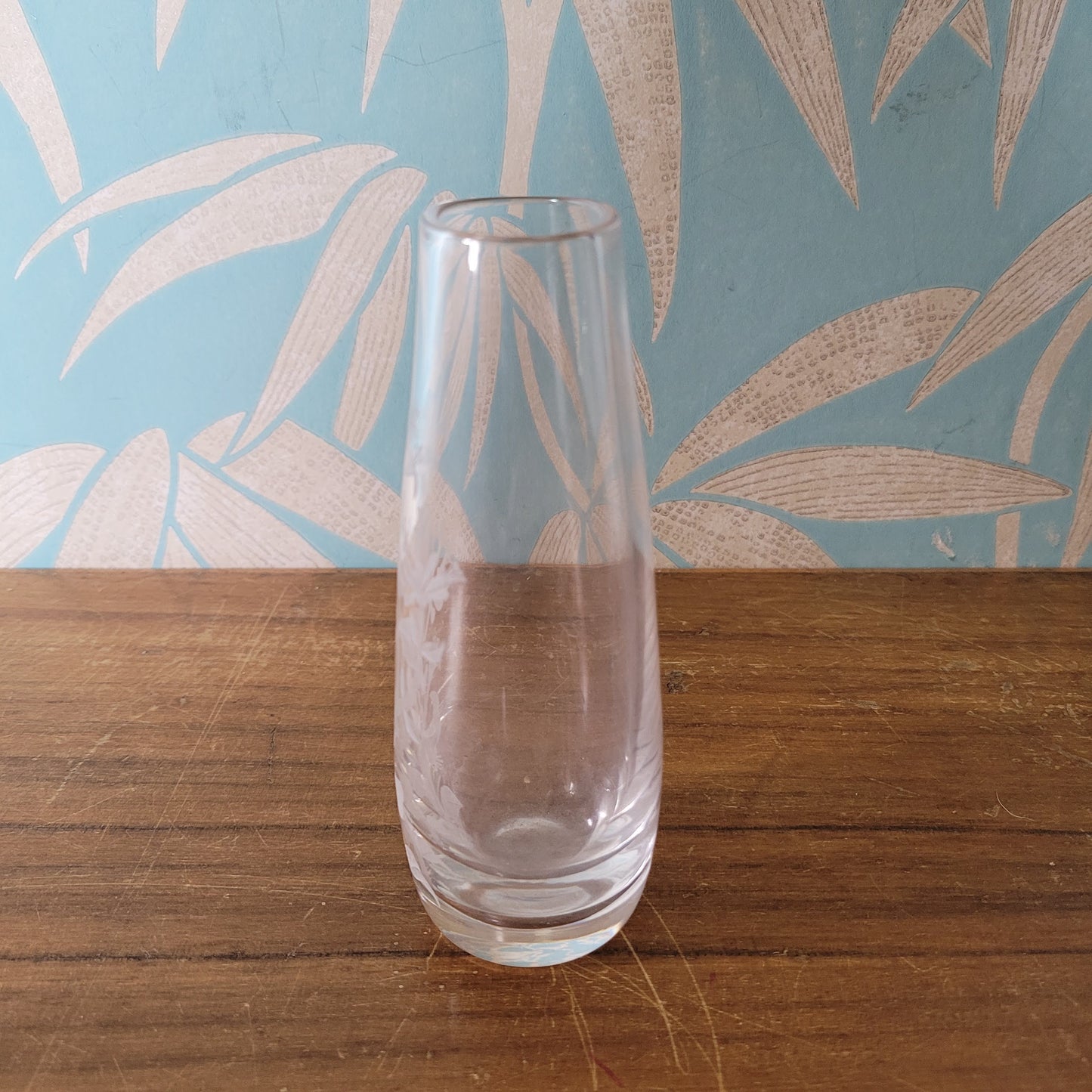 Vintage Stuart Strathearn, Scotland honeysuckle etched glass bud vase
