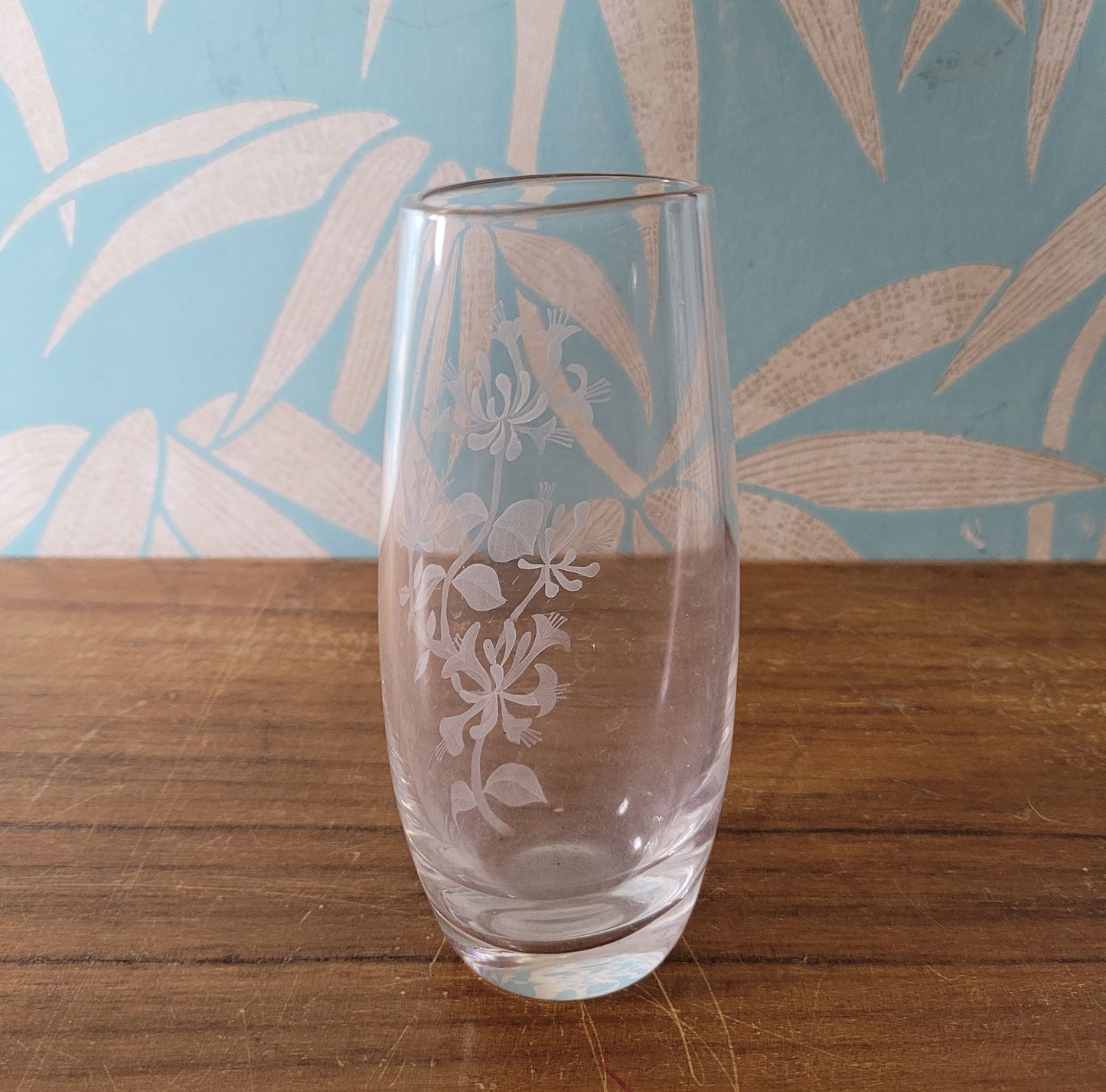 Vintage Stuart Strathearn, Scotland honeysuckle etched glass bud vase