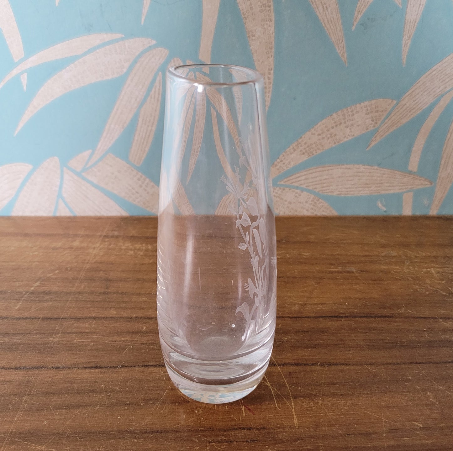 Vintage Stuart Strathearn, Scotland honeysuckle etched glass bud vase
