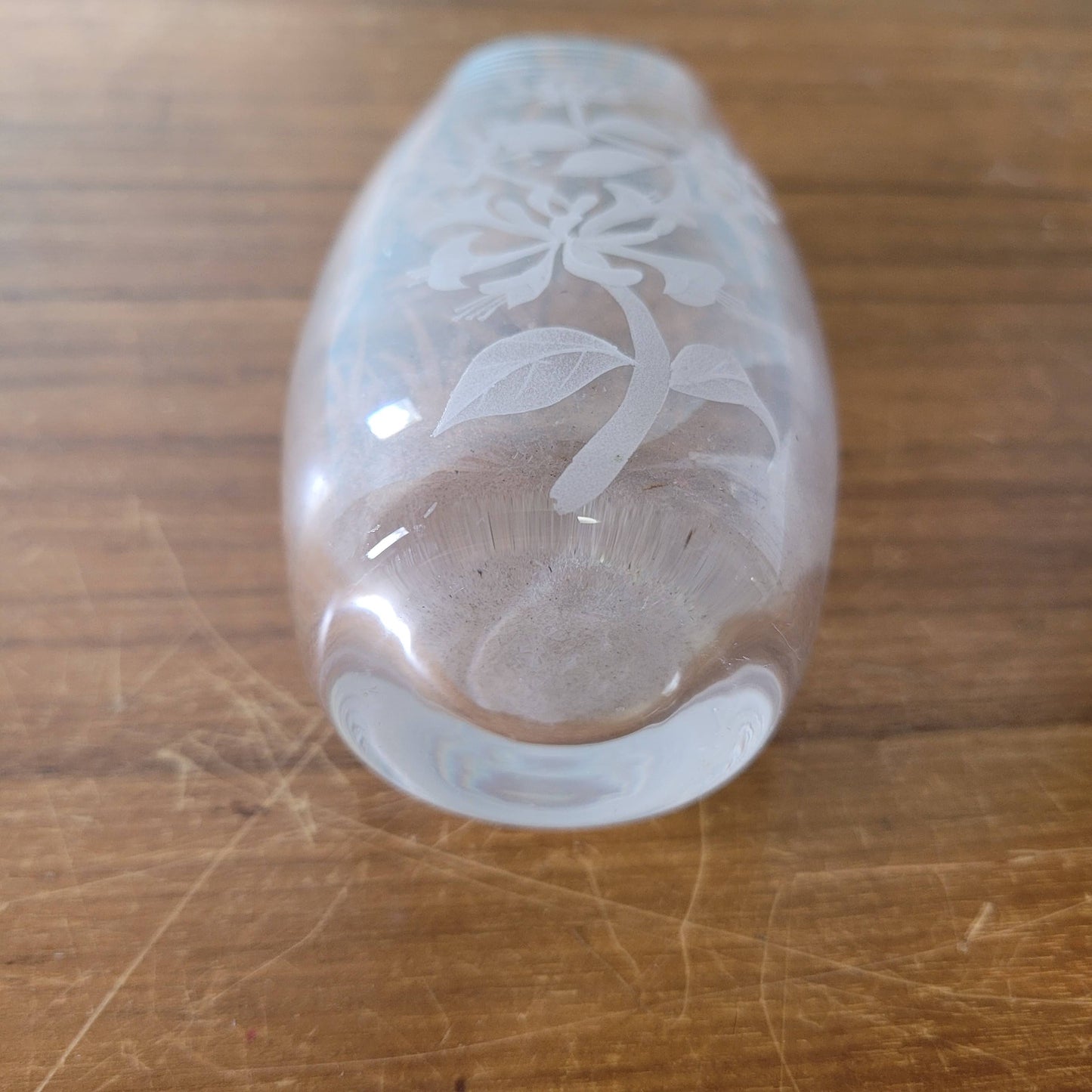 Vintage Stuart Strathearn, Scotland honeysuckle etched glass bud vase