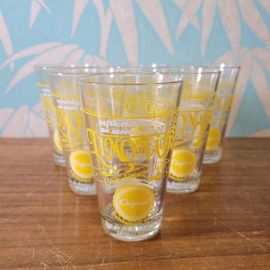 Set of six vintage French 'Limonade Original' yellow lemonade glasses
