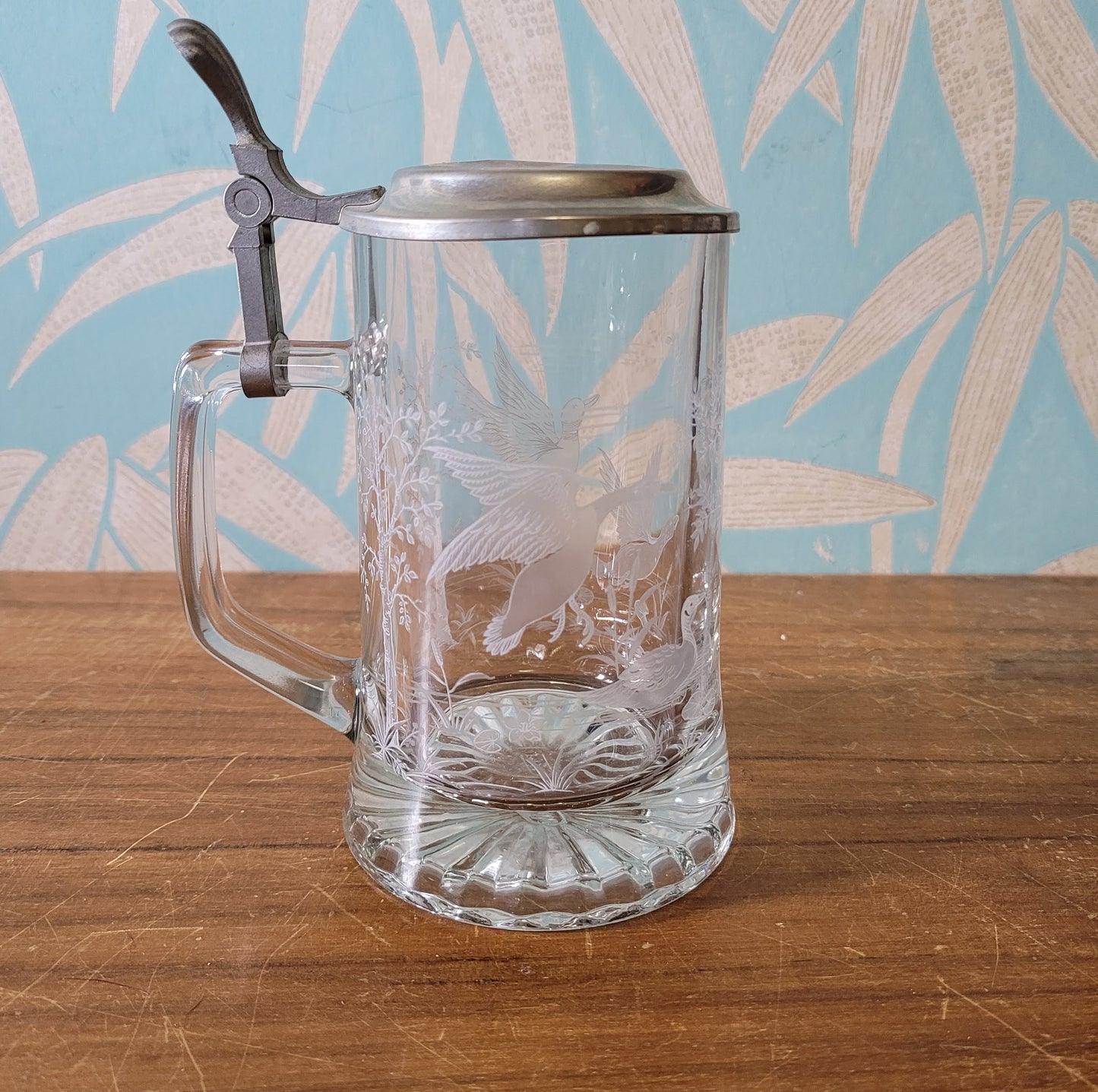 Vintage Domex glass & pewter etched duck design tankard