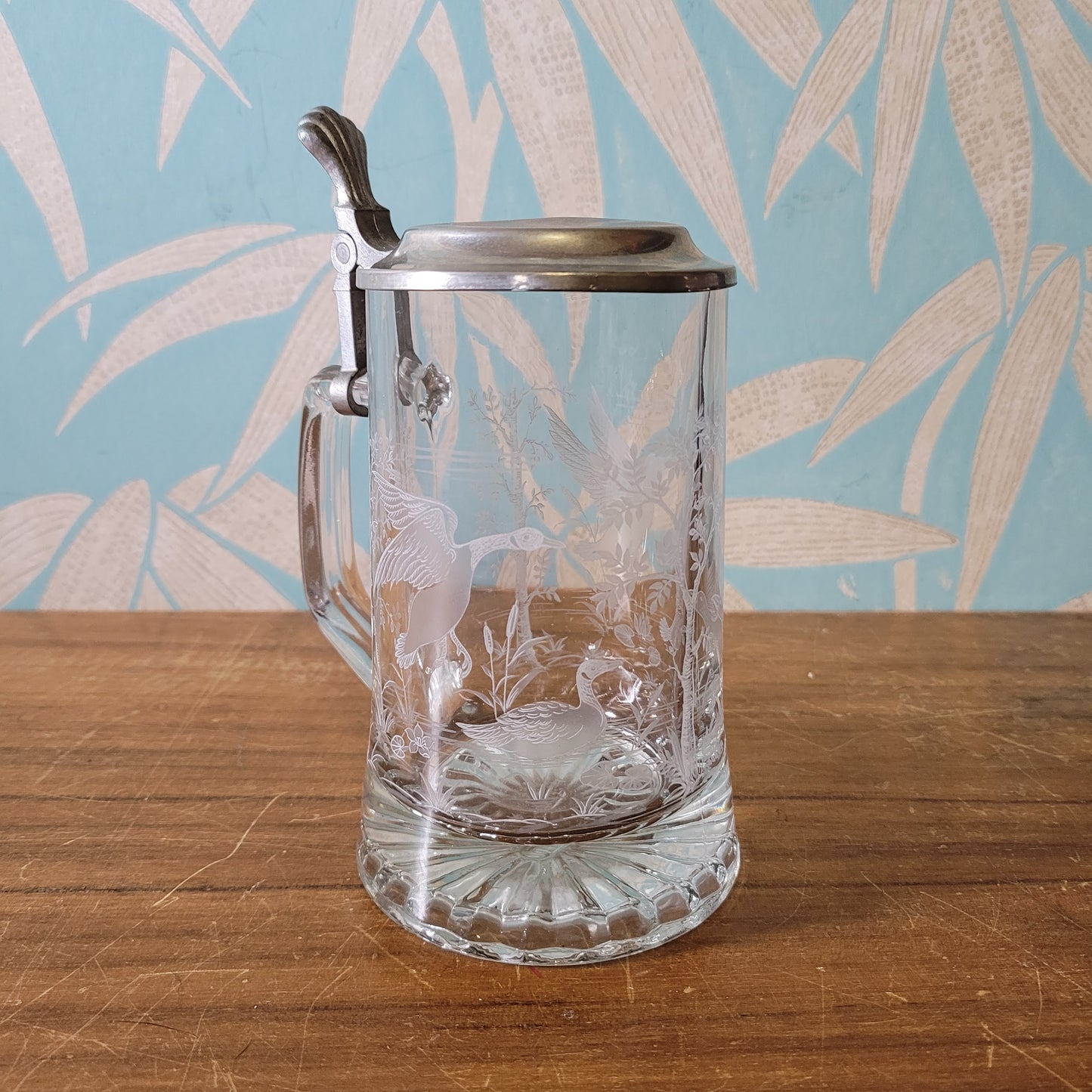 Vintage Domex glass & pewter etched duck design tankard