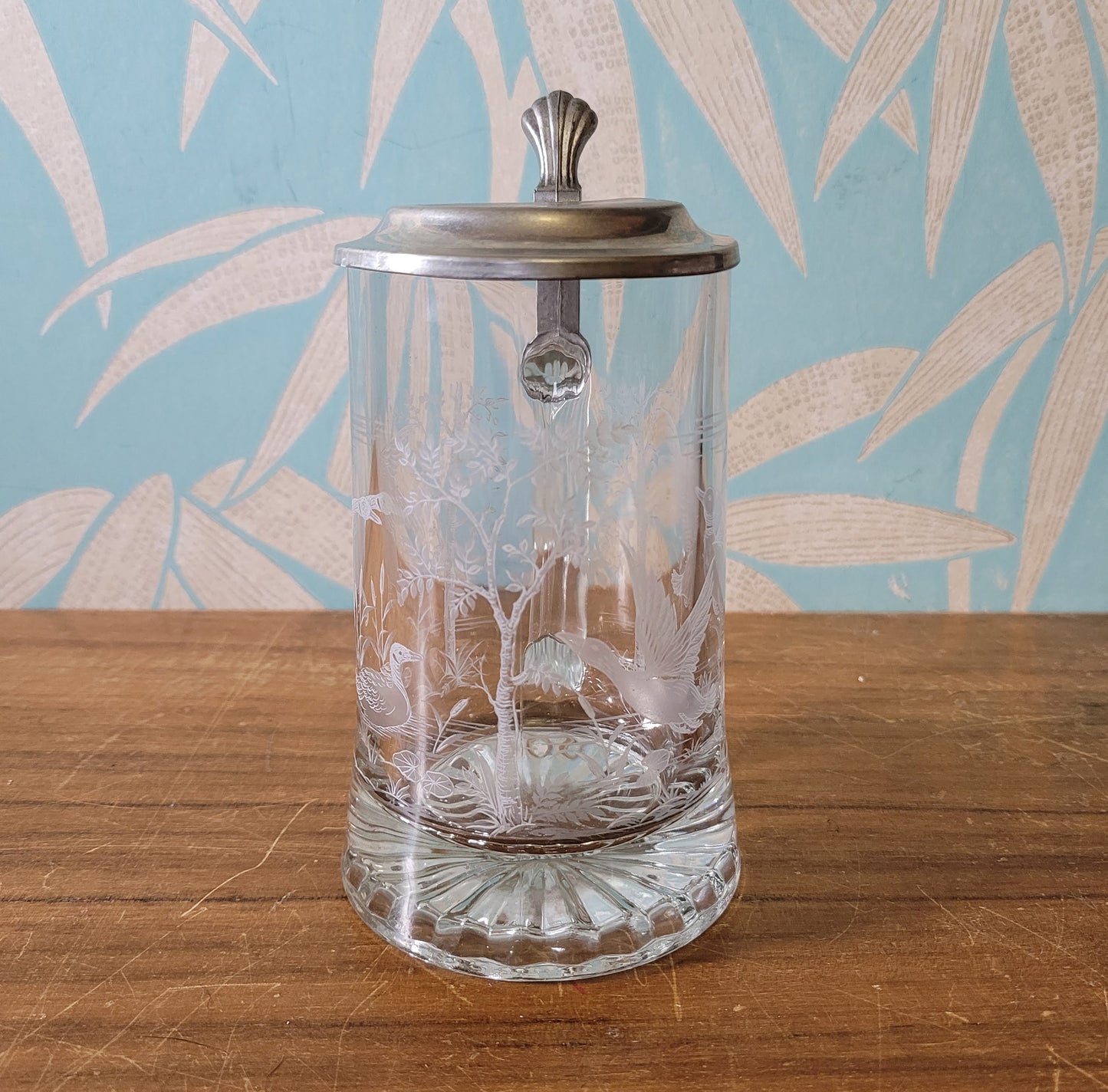 Vintage Domex glass & pewter etched duck design tankard