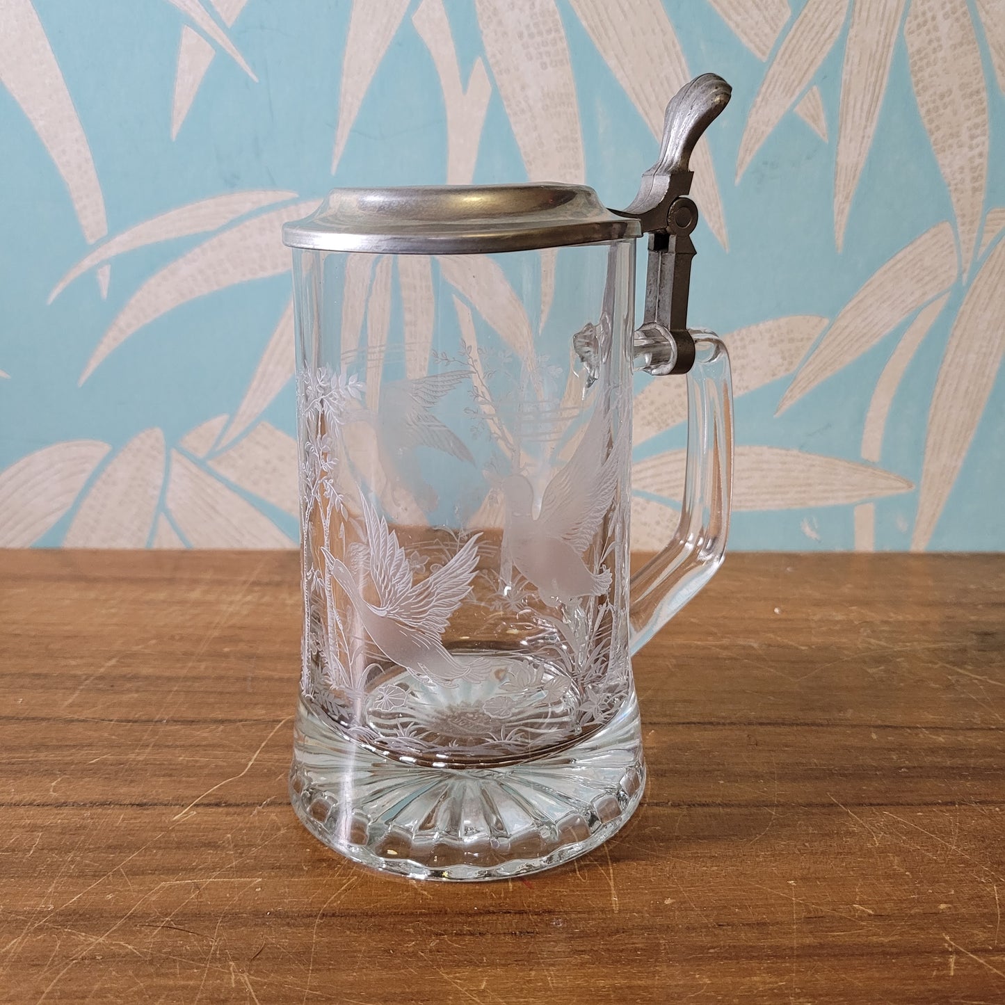 Vintage Domex glass & pewter etched duck design tankard