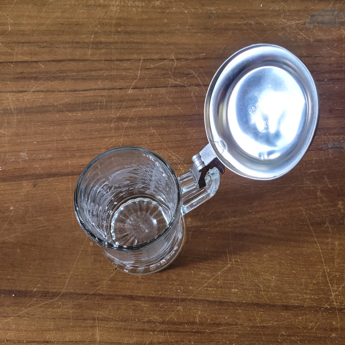 Vintage Domex glass & pewter etched duck design tankard