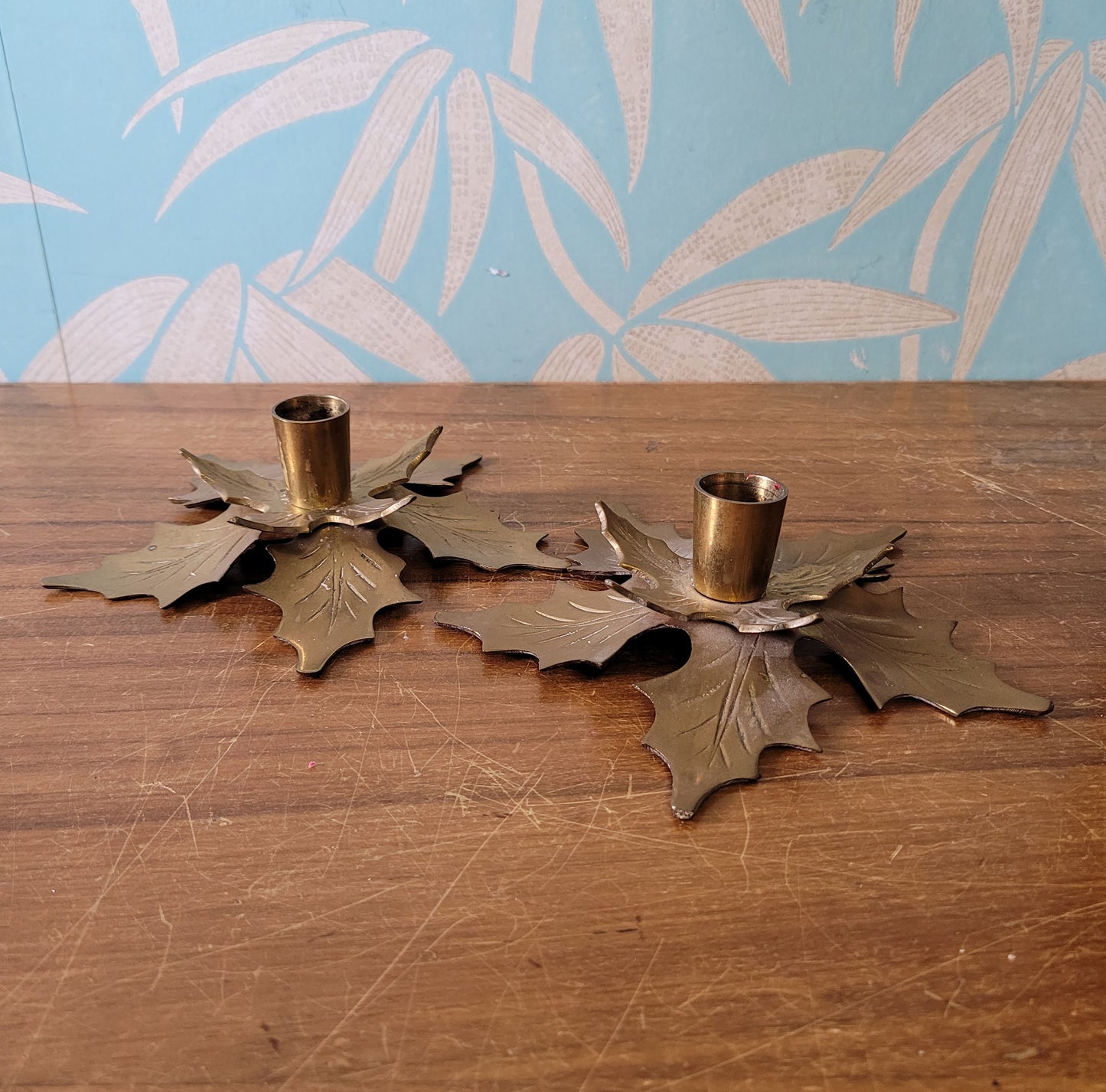 Pair of vintage brass poinsettia candle holders