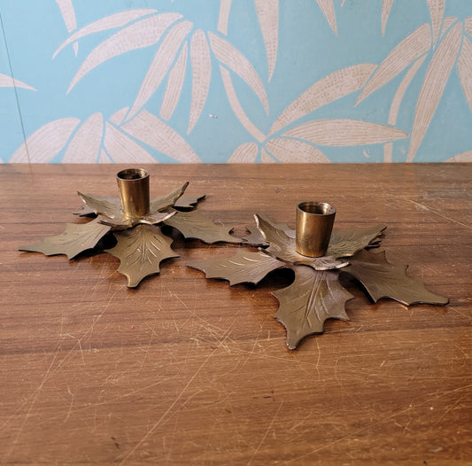 Pair of vintage brass poinsettia candle holders