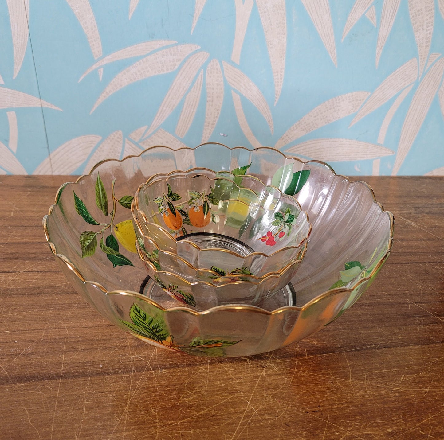 1960s Arcoroc France 4-piece fruit motif glass dessert bowl set