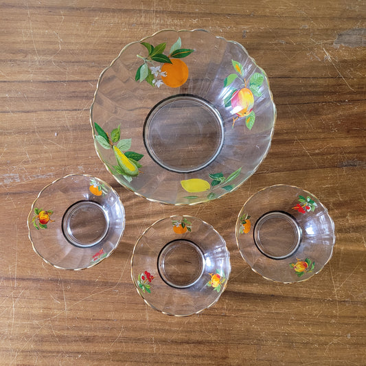 1960s Arcoroc France 4-piece fruit motif glass dessert bowl set