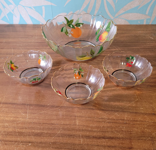 1960s Arcoroc France 4-piece fruit motif glass dessert bowl set