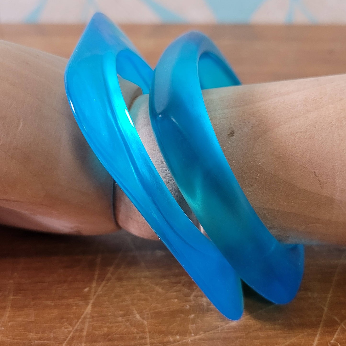 Pair of vintage translucent blue acrylic geometric square bangles