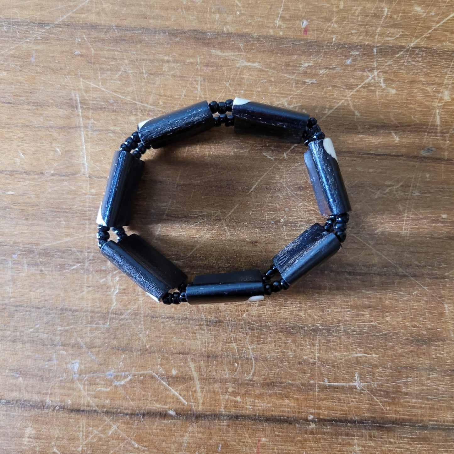 Vintage African handcrafted black & white Batik bovine bone panel beaded bracelet