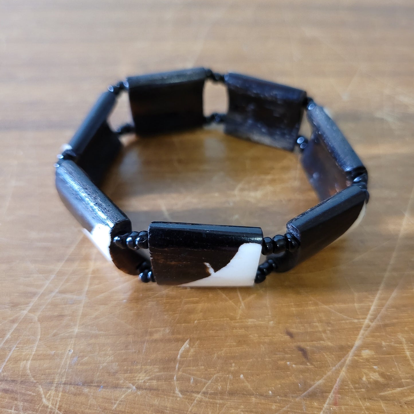 Vintage African handcrafted black & white Batik bovine bone panel beaded bracelet