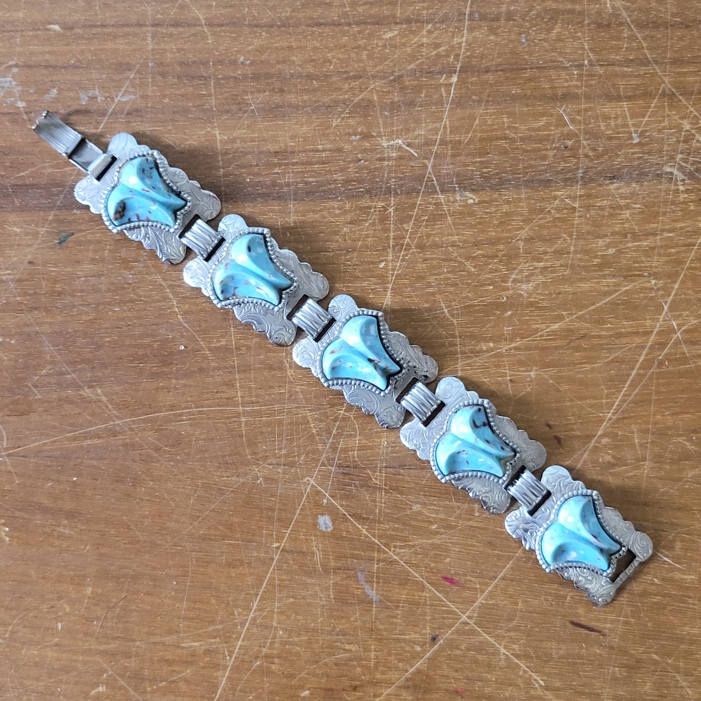 Vintage South-Western inspired silver-tone turquoise-style panel link bracelet