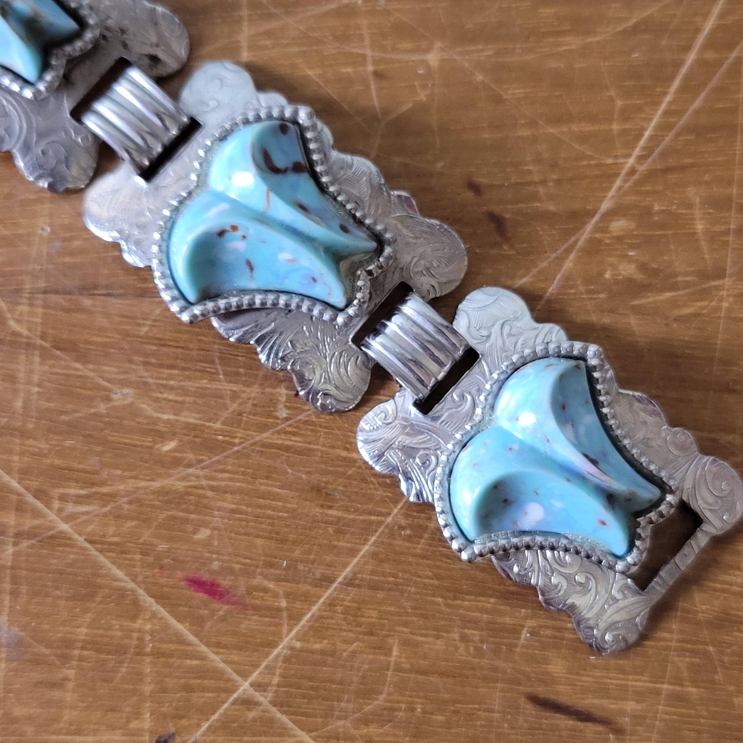 Vintage South-Western inspired silver-tone turquoise-style panel link bracelet