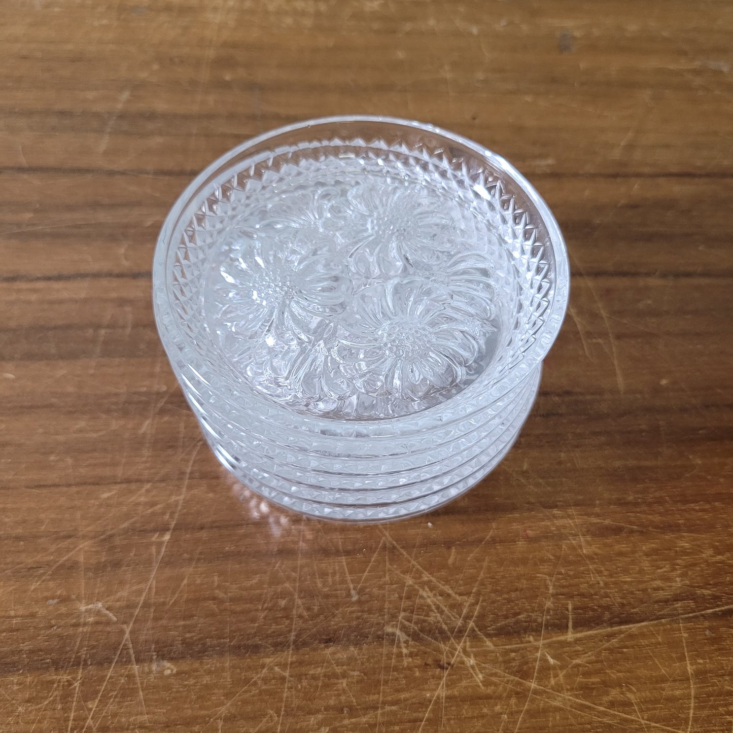 Set of six 1970s/80s Cristal D'Arques lead crystal flower design glass coasters
