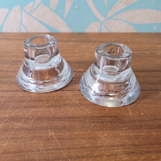 Two collectable Hagberg glass reversible tea light/candle holders