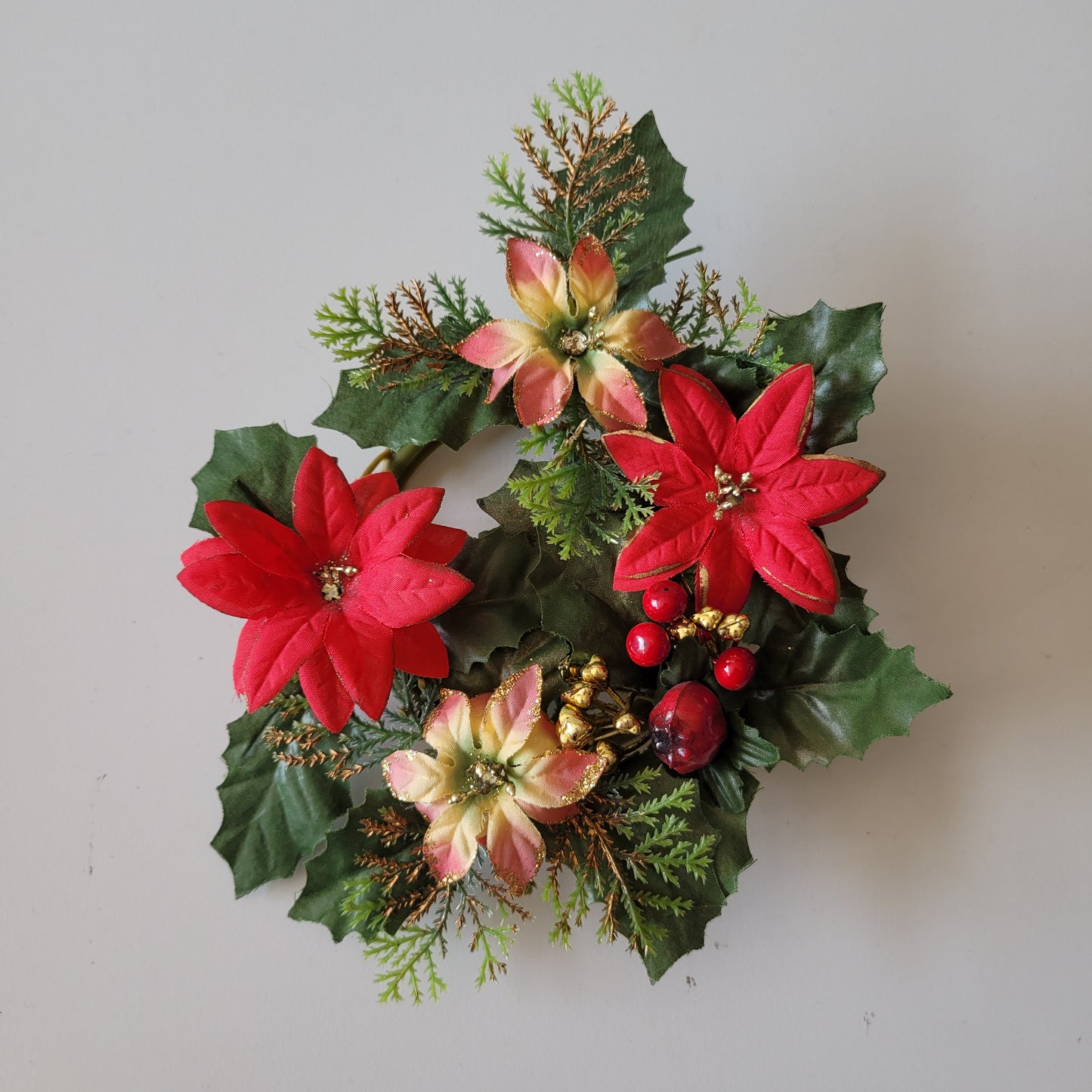 Vintage plastic and fabric Poinsettia & holly table wreath