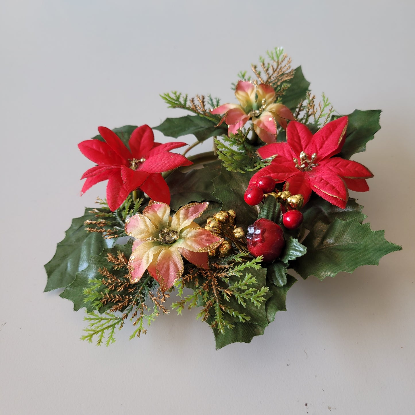 Vintage plastic and fabric Poinsettia & holly table wreath