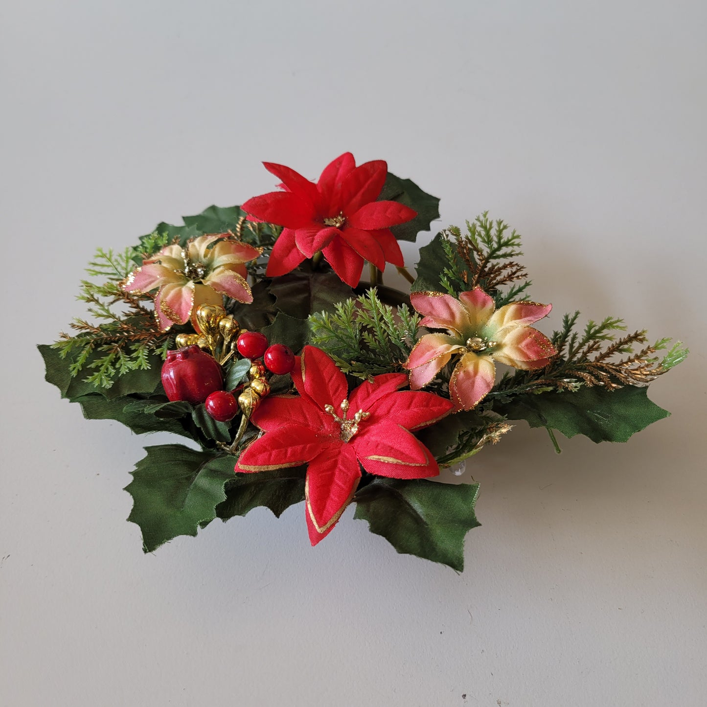 Vintage plastic and fabric Poinsettia & holly table wreath