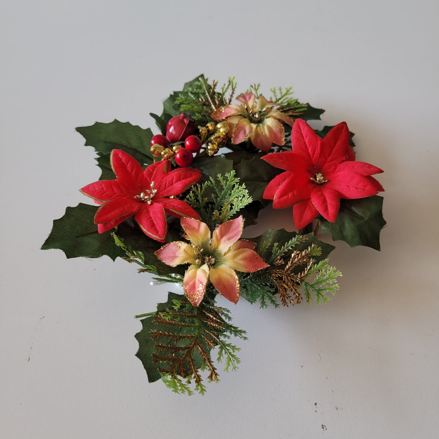 Vintage plastic and fabric Poinsettia & holly table wreath