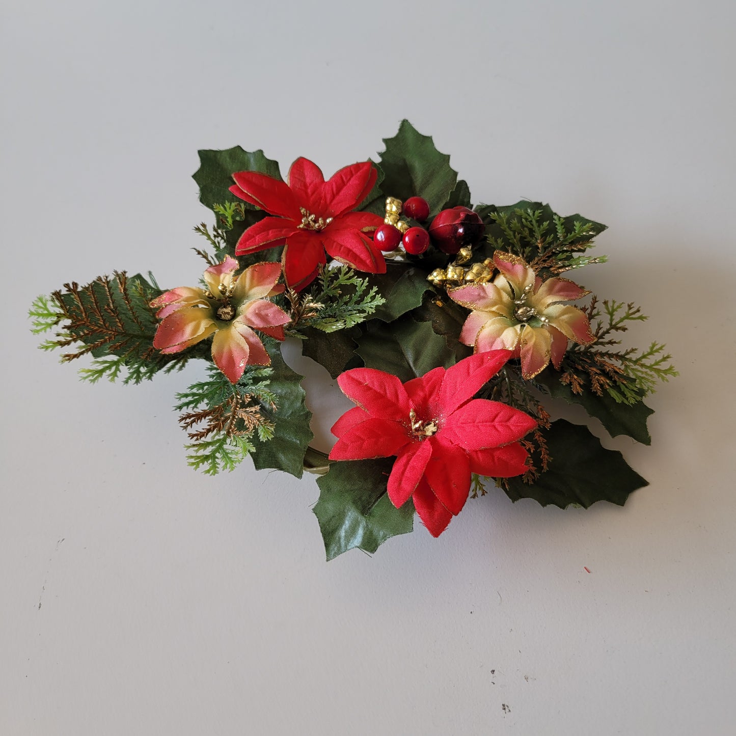 Vintage plastic and fabric Poinsettia & holly table wreath