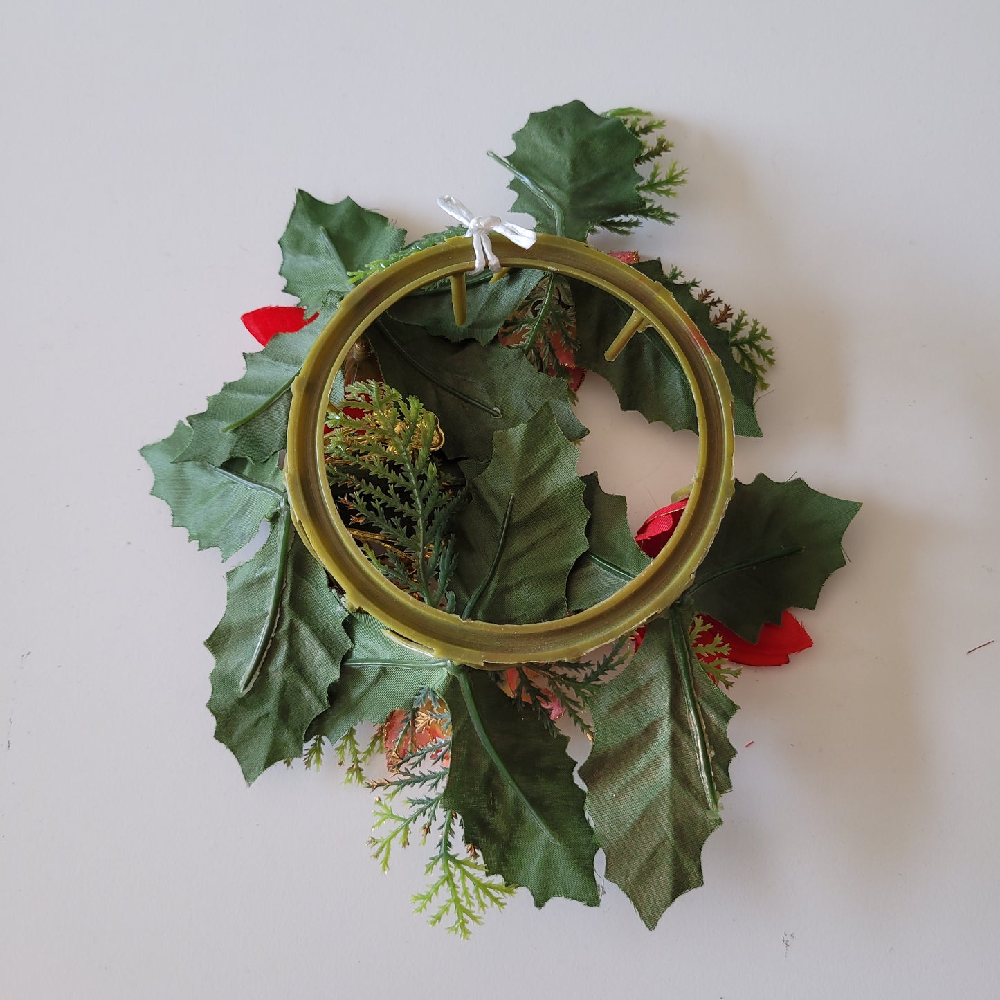 Vintage plastic and fabric Poinsettia & holly table wreath
