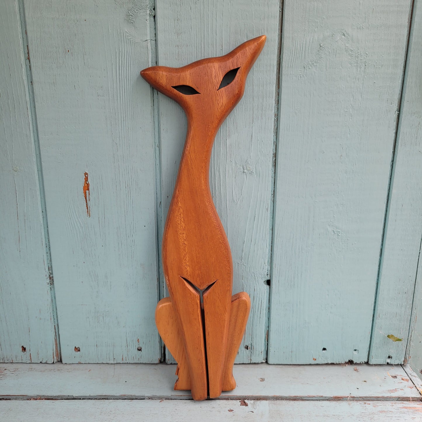 Mid-century monkeypod wooden cat plaque