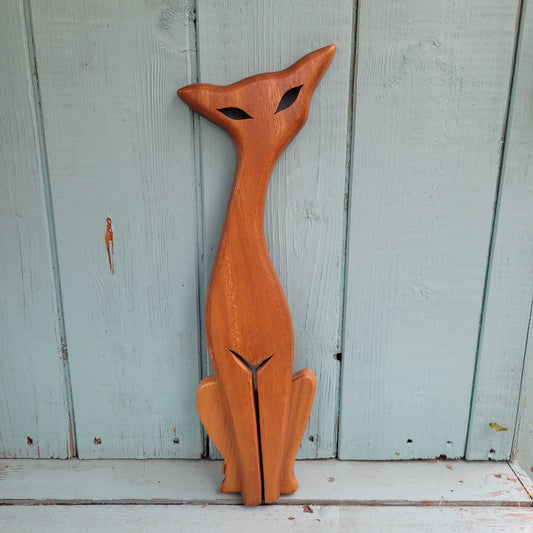Mid-century monkeypod wooden cat plaque