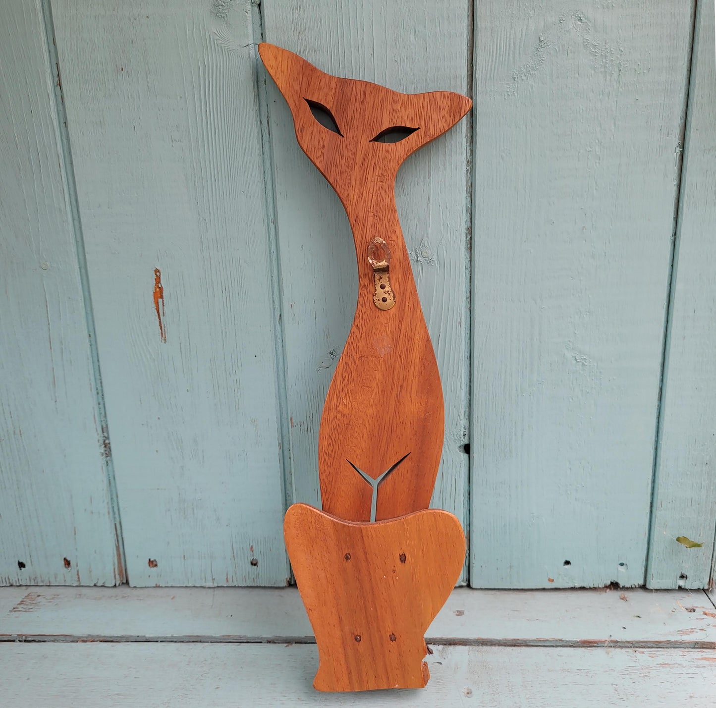 Mid-century monkeypod wooden cat plaque