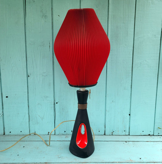 1950s/60s red & black ceramic sculptural lampbase with red pleated paper shade