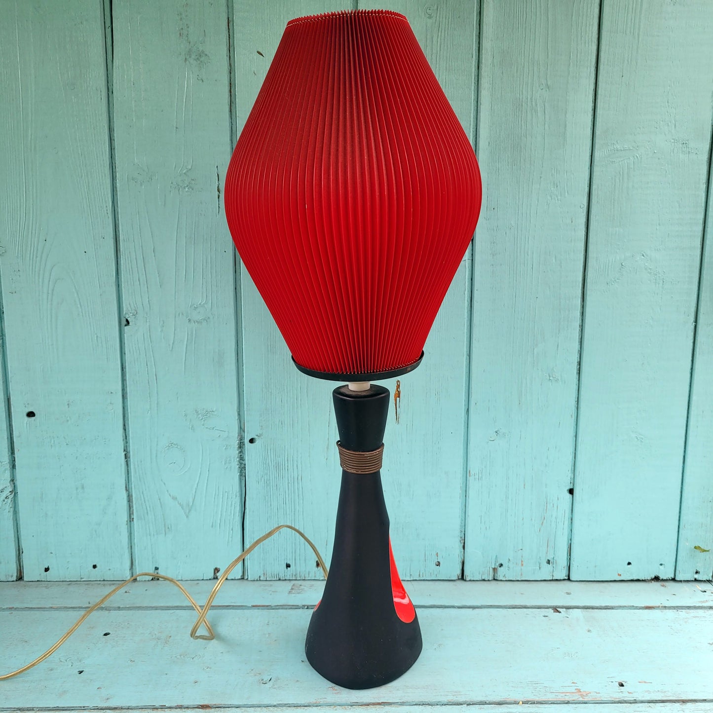 1950s/60s red & black ceramic sculptural lampbase with red pleated paper shade