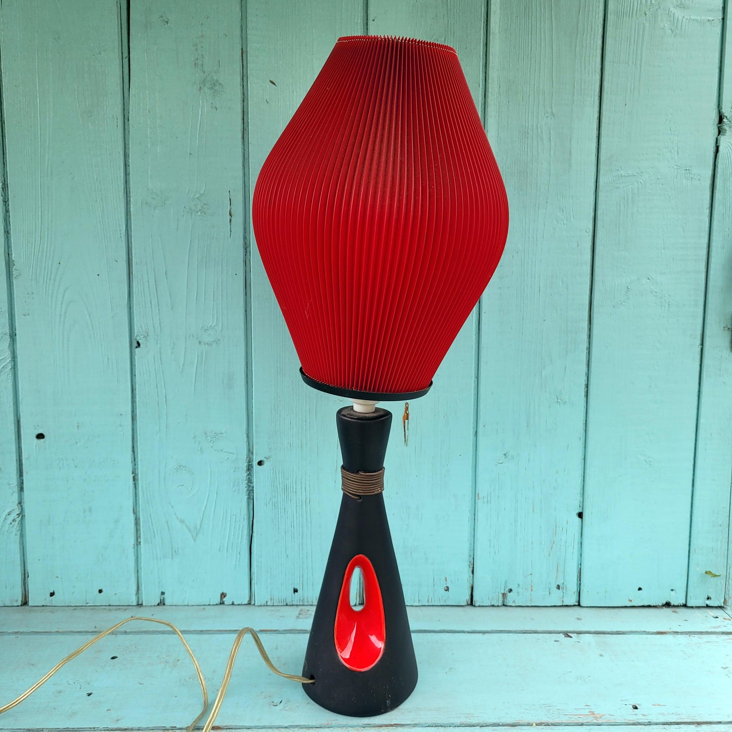1950s/60s red & black ceramic sculptural lampbase with red pleated paper shade
