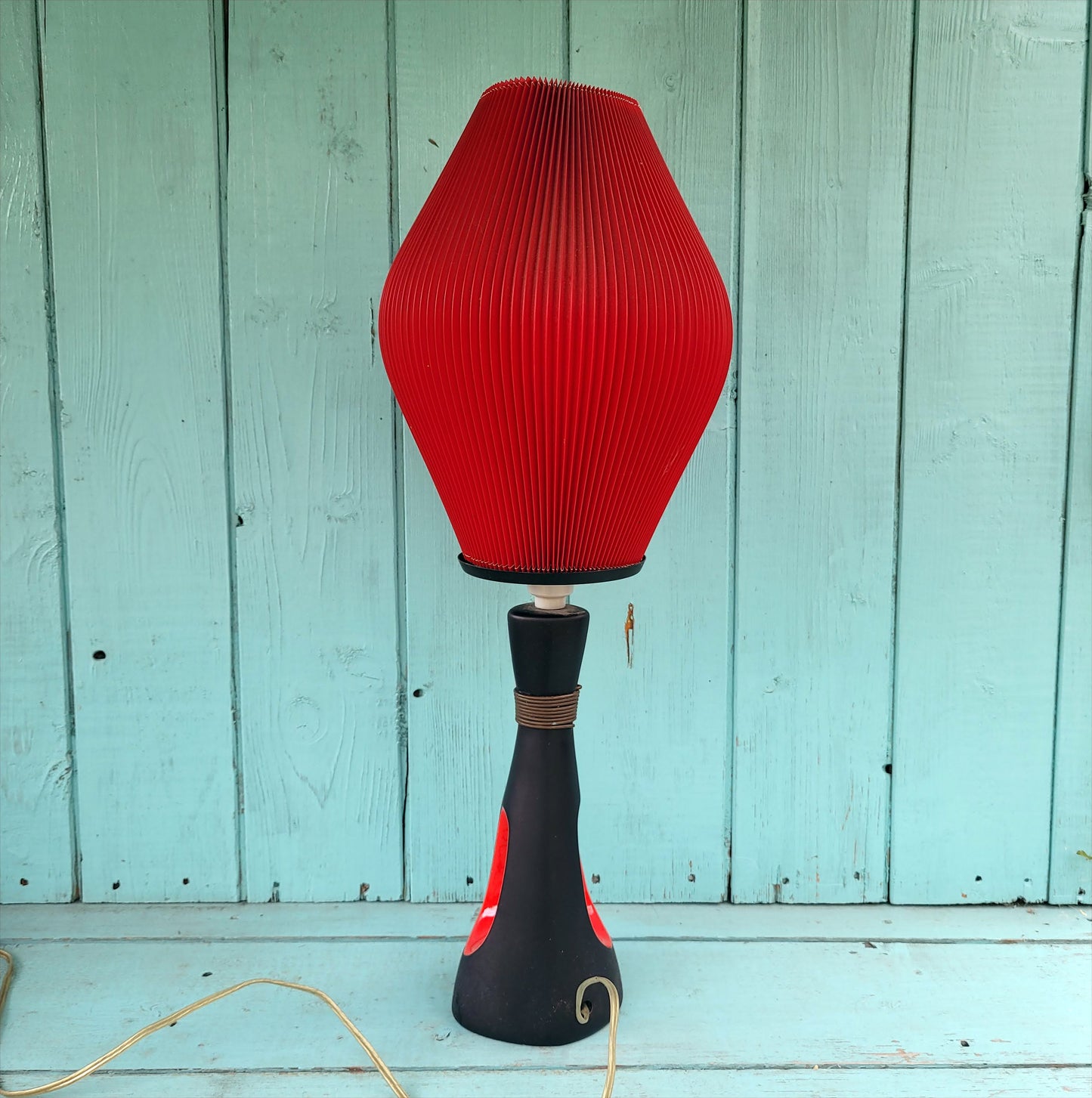 1950s/60s red & black ceramic sculptural lampbase with red pleated paper shade