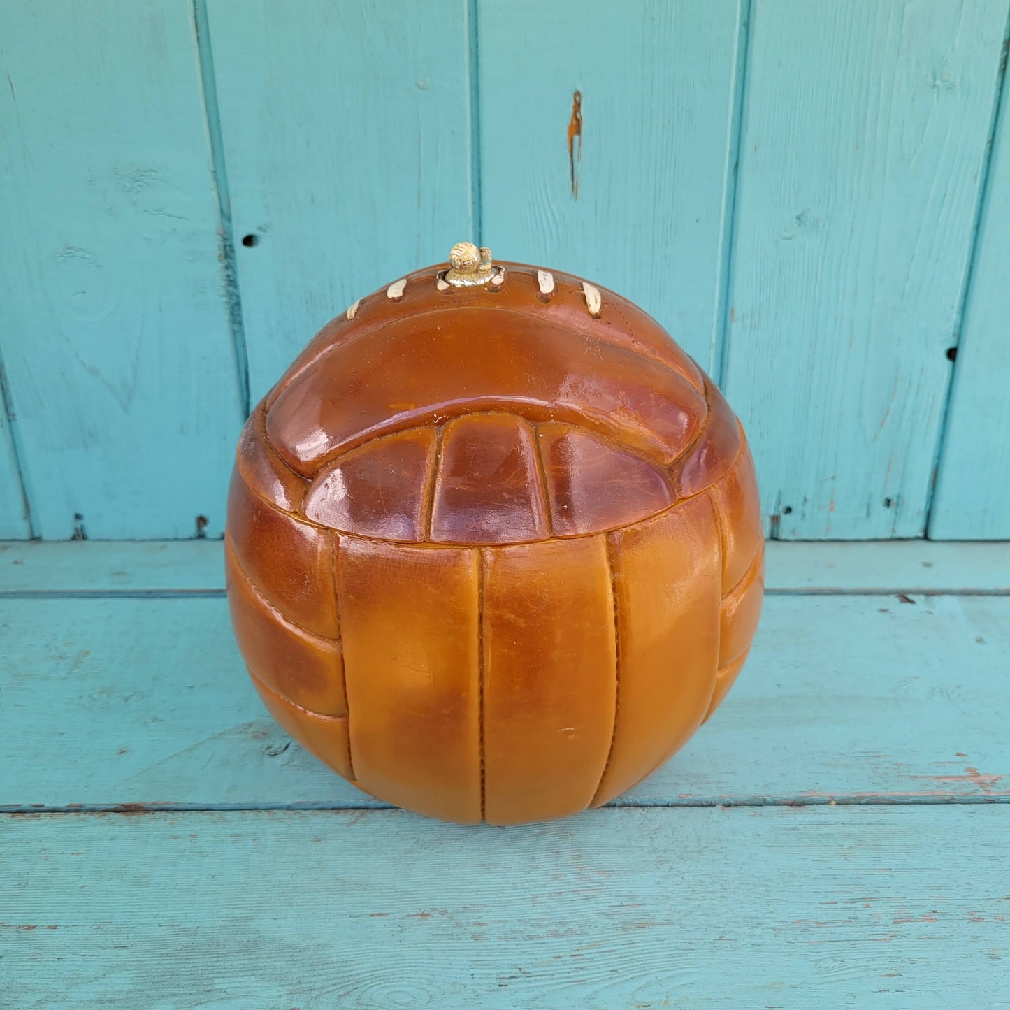 1960s leather-look football ice bucket with glass liner commemorating 1966 World Cup