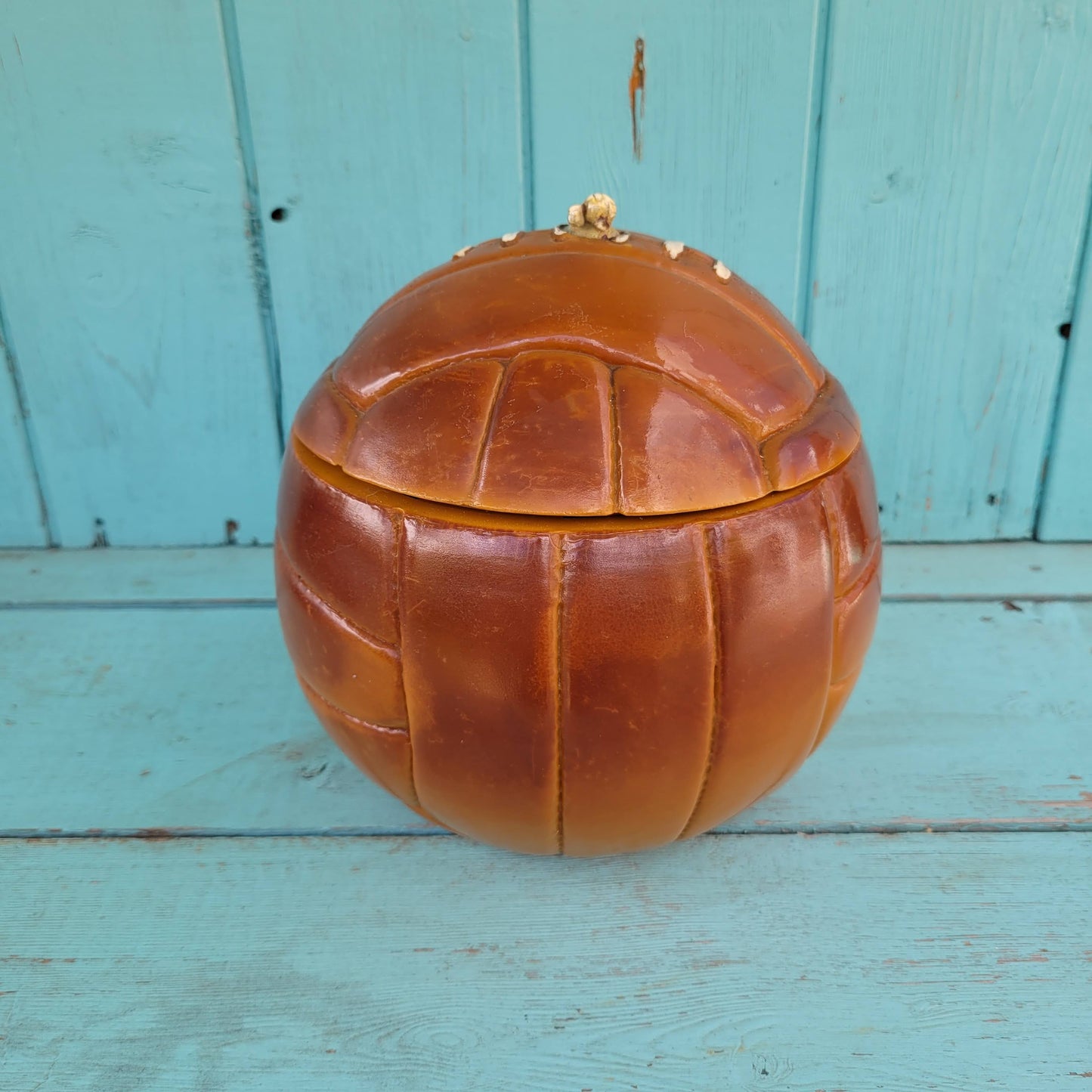 1960s leather-look football ice bucket with glass liner commemorating 1966 World Cup