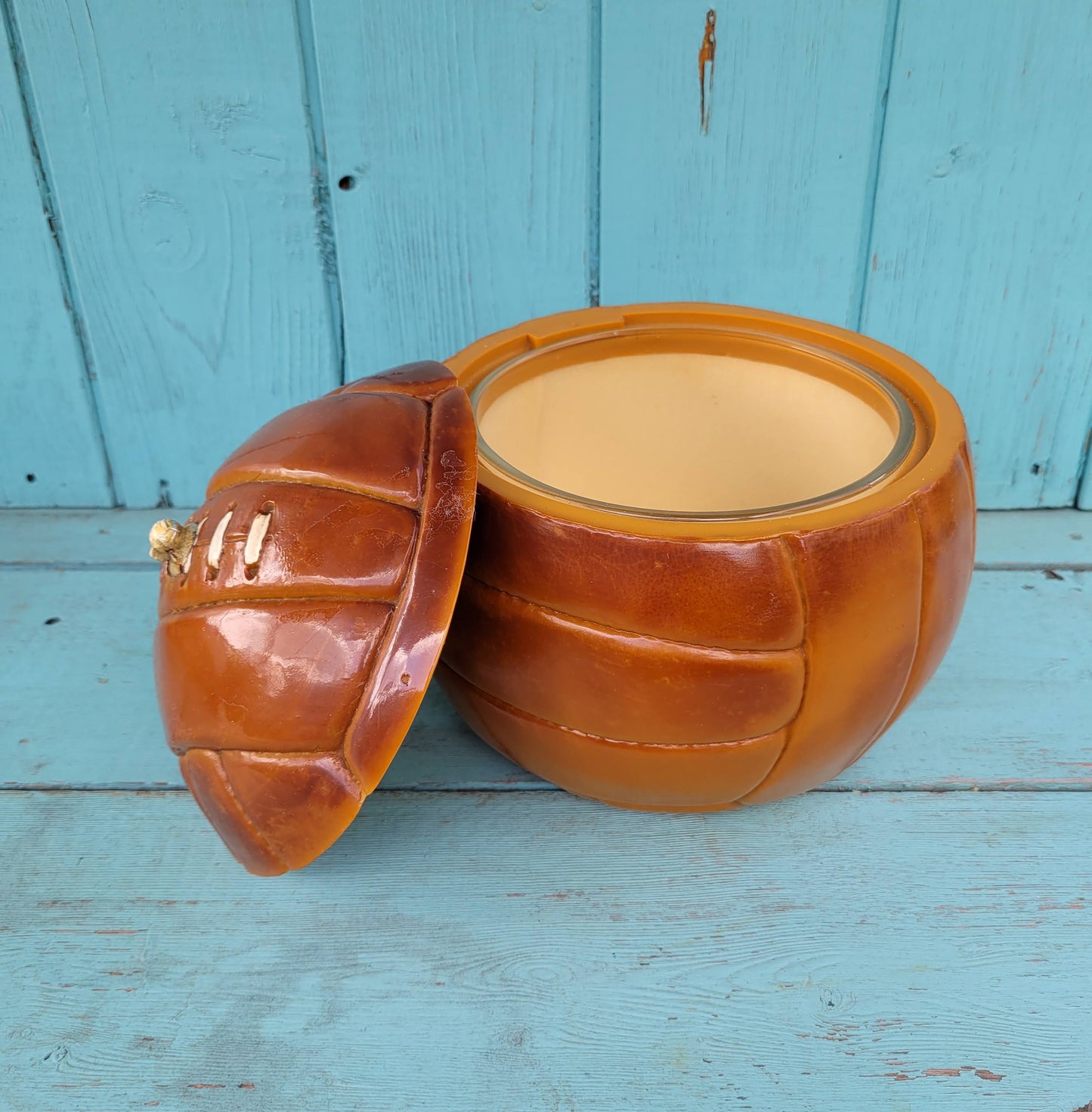 1960s leather-look football ice bucket with glass liner commemorating 1966 World Cup