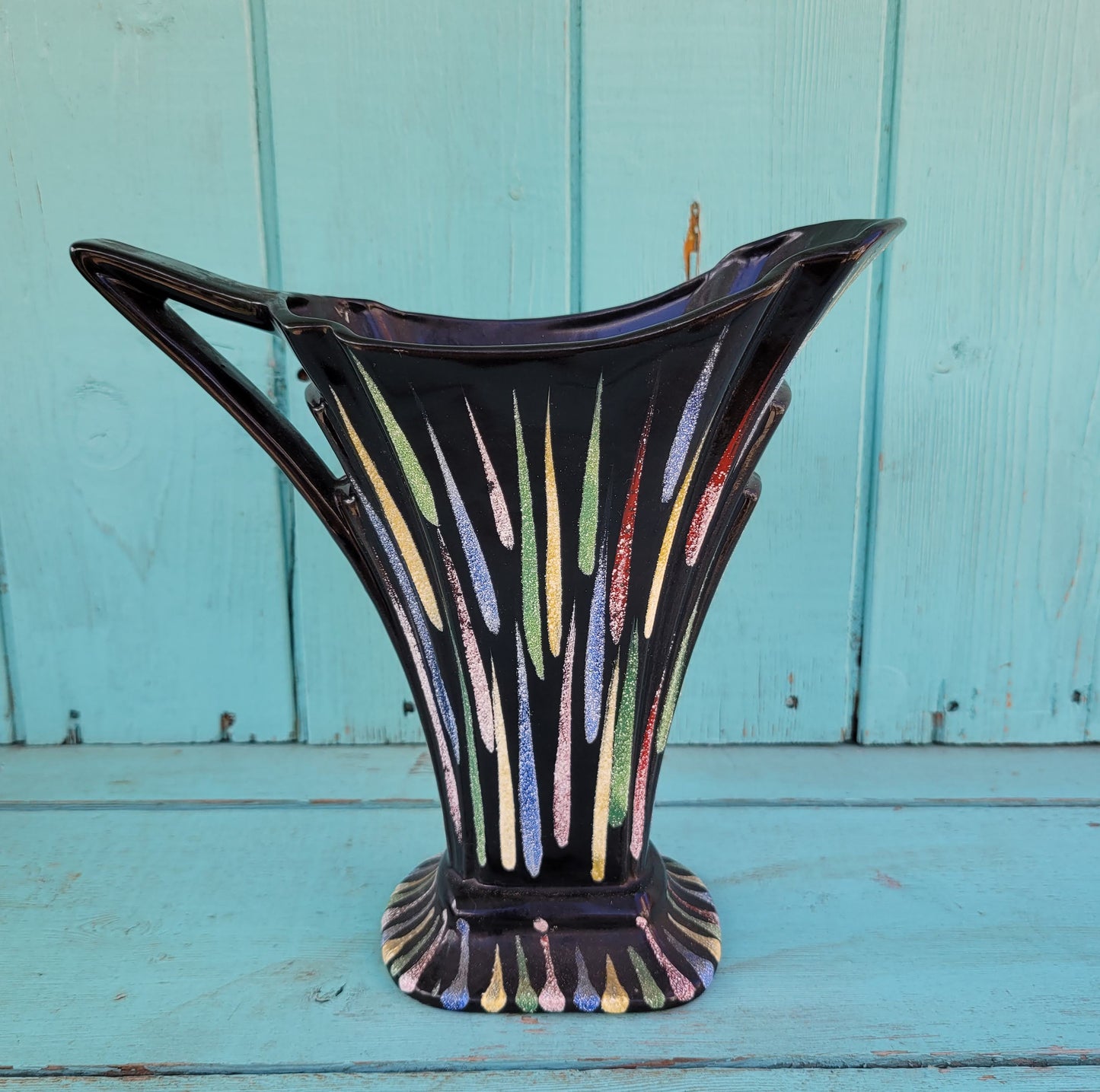 1950s Sadler Art Deco-style "Jane" ceramic vase/pitcher with multicoloured sugared teardrop pattern