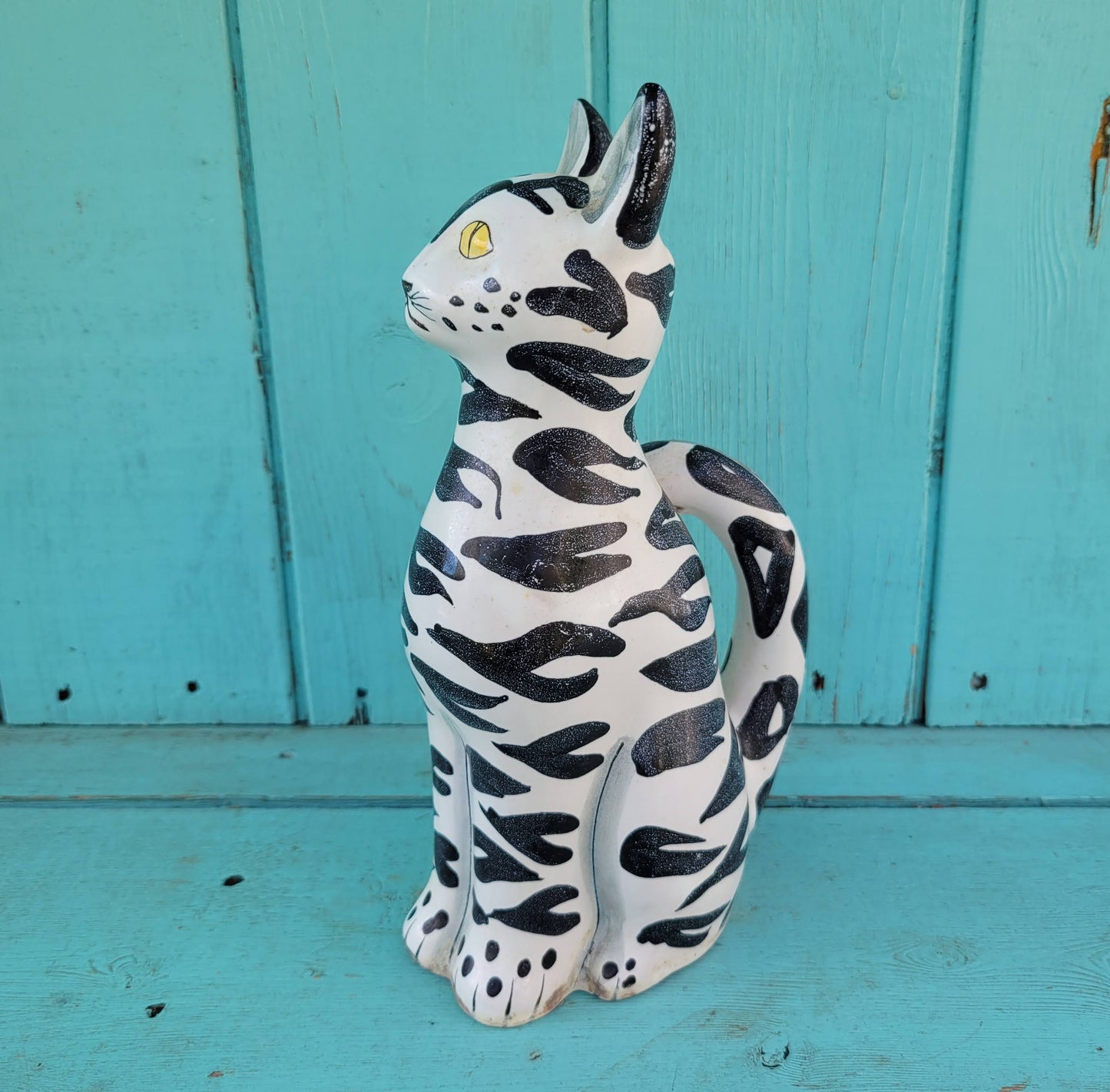 Rare 1960s Italian handpainted black & white ceramic cat vase, marked 161