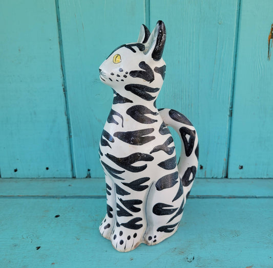 Rare 1960s Italian handpainted black & white ceramic cat vase, marked 161