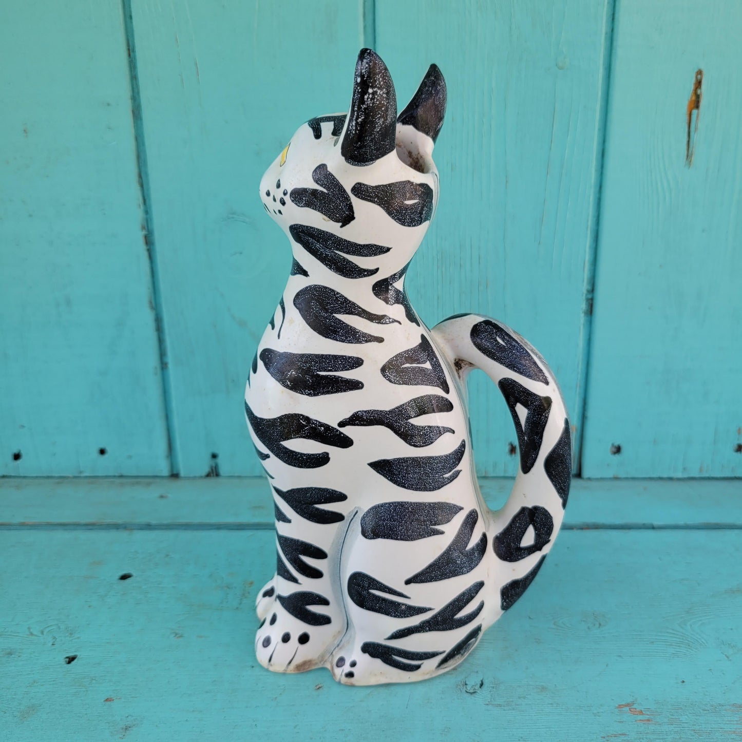 Rare 1960s Italian handpainted black & white ceramic cat vase, marked 161