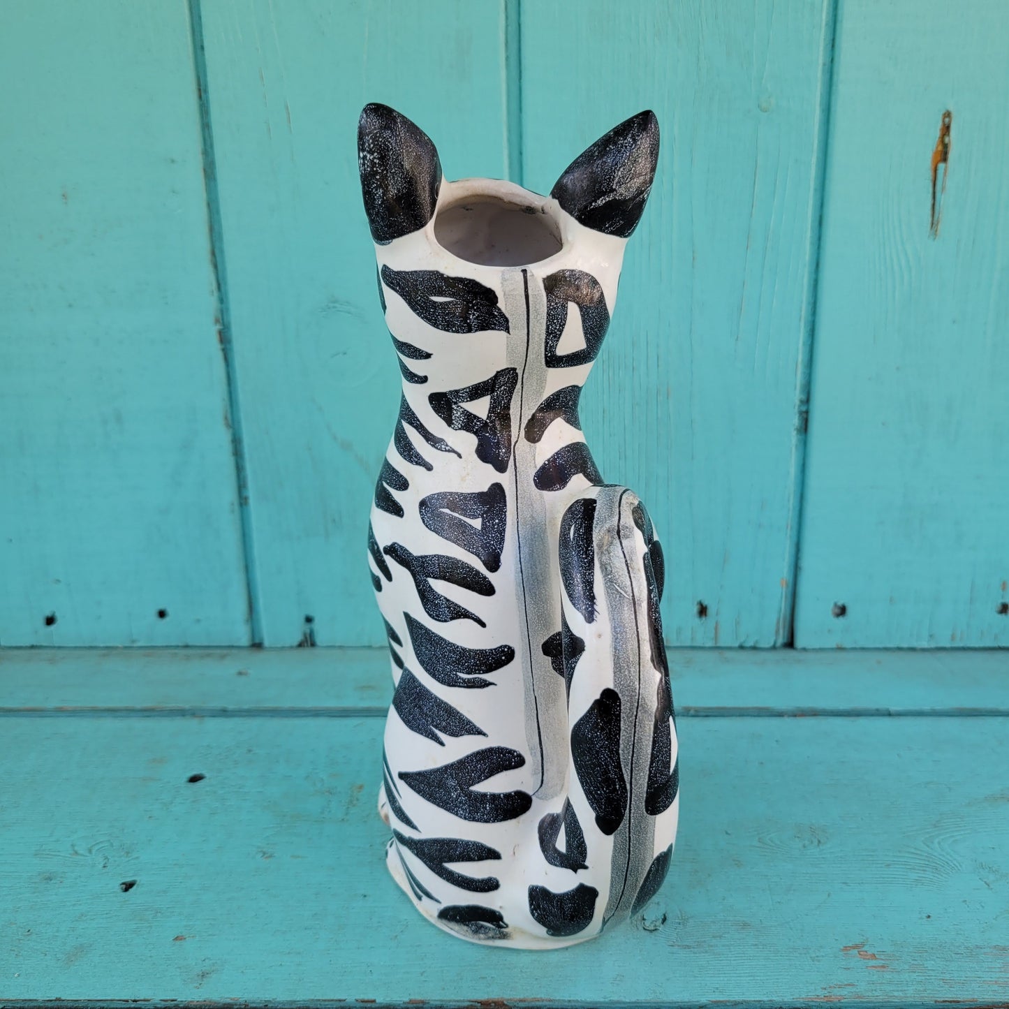 Rare 1960s Italian handpainted black & white ceramic cat vase, marked 161