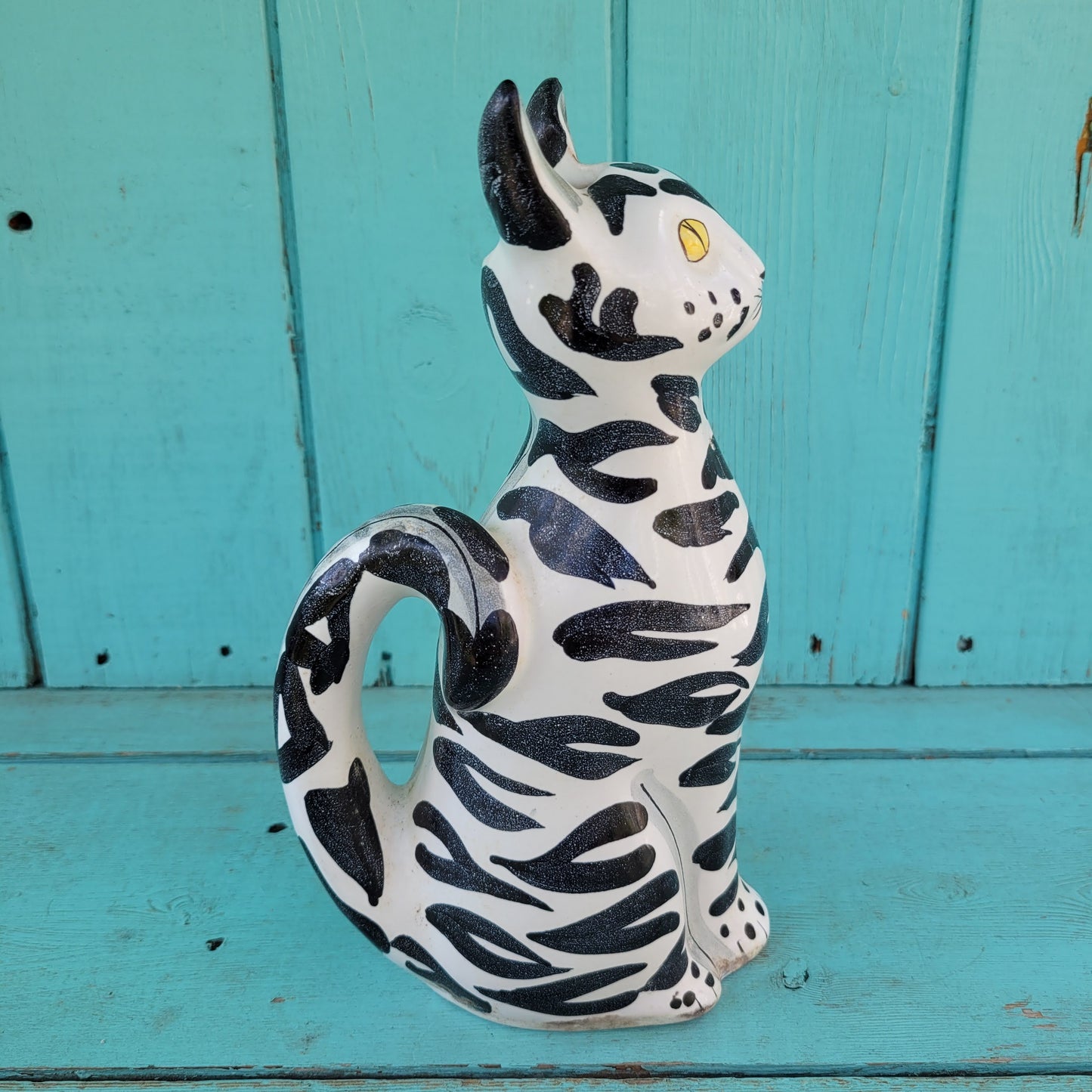 Rare 1960s Italian handpainted black & white ceramic cat vase, marked 161